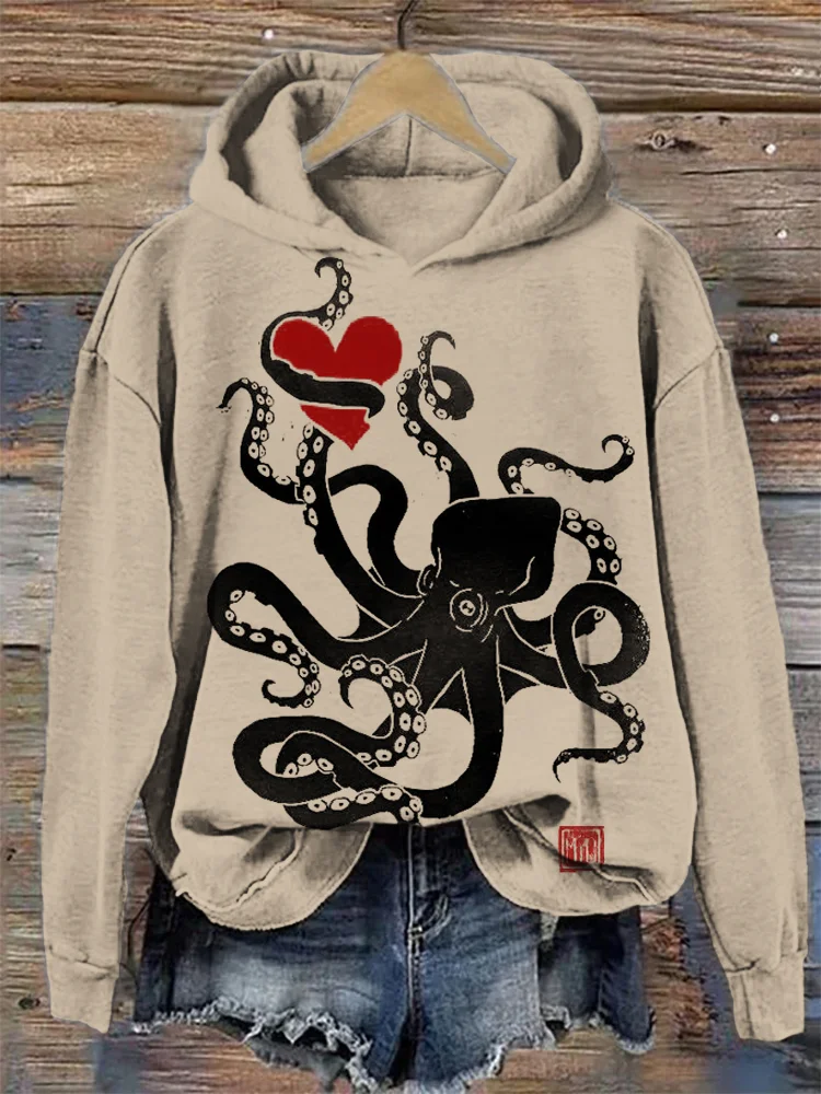 Japanese Art Love Octopus Print Casual Hooded Sweatshirt