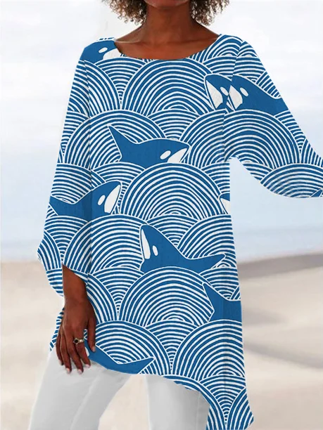 Orca & Waves Lino Art Round Neck Flowy Tunic