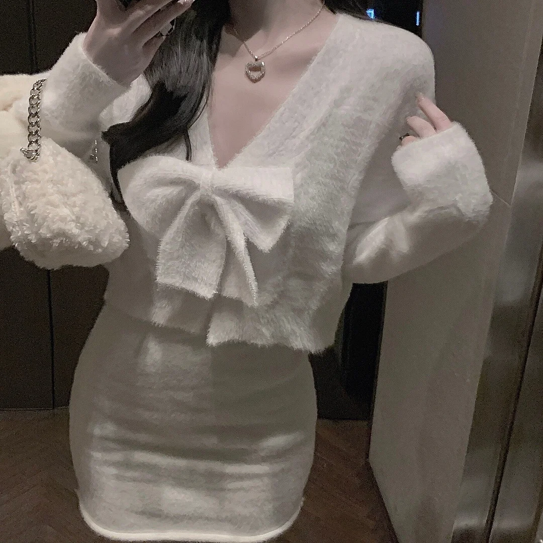 Woherb Knitted Cropped Cardigan Women Bow Bandage Korean Sweater Outwear Y2k Sexy Sweet Jumper Solid Female Tops Casual Jackets