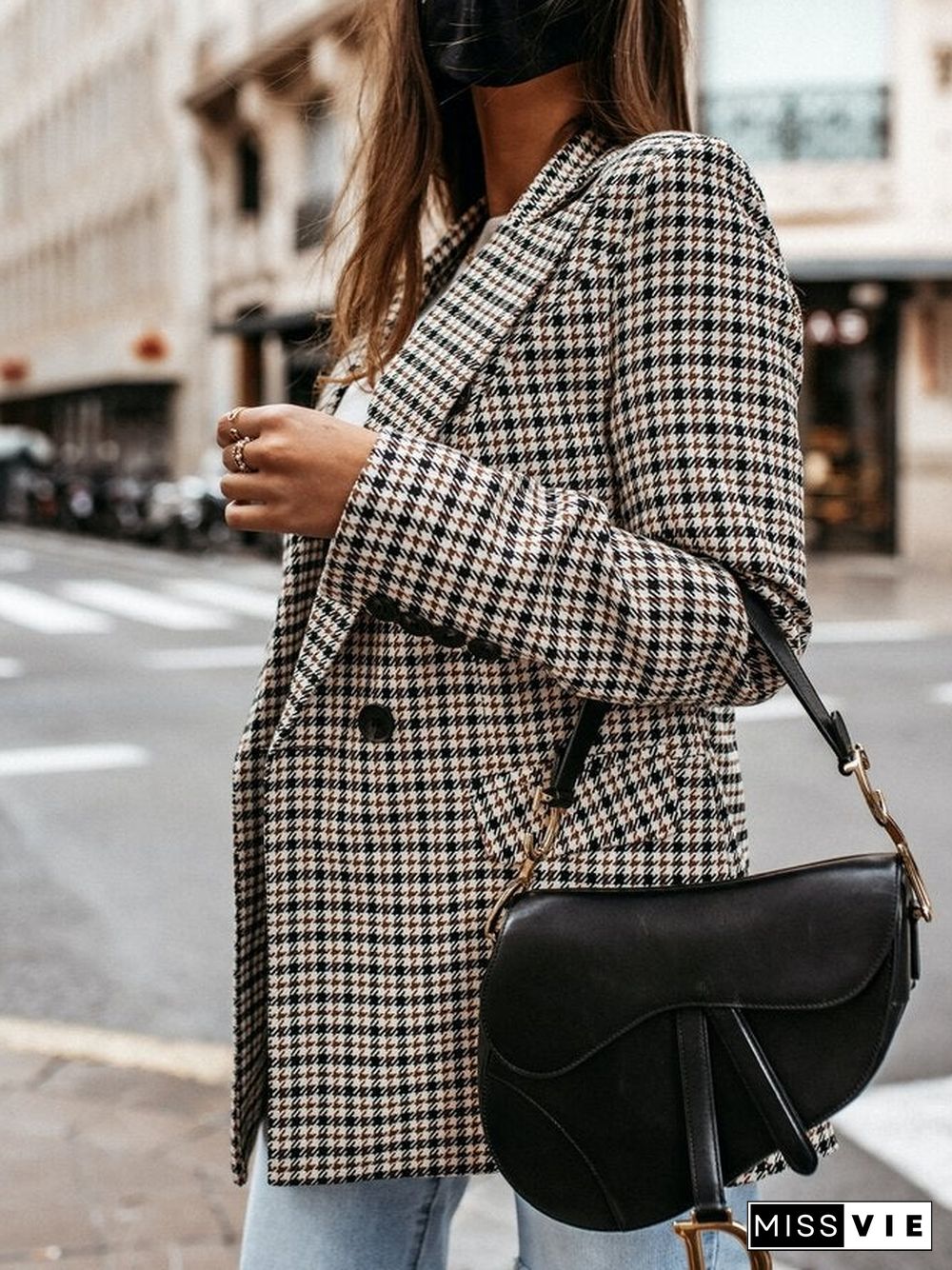Checkered/Plaid Shift Long Sleeve Outerwear
