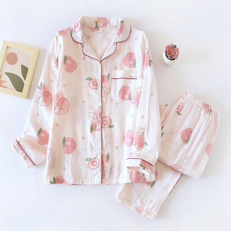 Cotton Sweet Peach Love Long Sleeve Pajama Set - Gotamochi Kawaii Shop, Kawaii Clothes