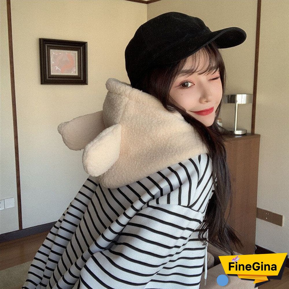 Women's Kawaii Hoodie New Korean Loose Striped Fake Two-Piece Pullover Cute Bear Ears Lamb Hair Sweet Girls Student Clothes