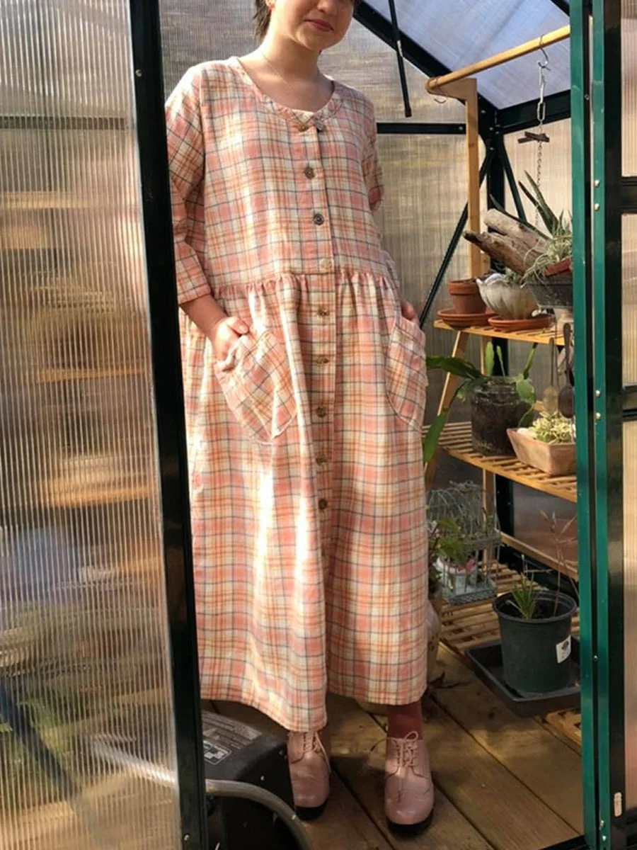 Women Loose Round Neck Linen Plaid Dress