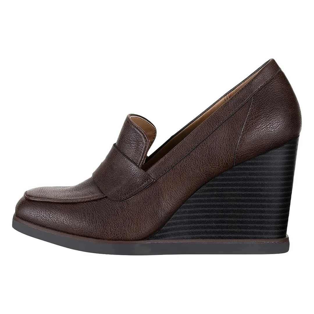 Vegan Leather Dark Brown Loafers with Wedge Heel for Women