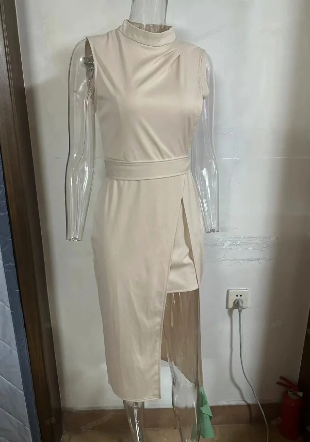 Toloer Toloer Summer Women's Solid Color Fashion Round Collar Pleated Slit Show Thin Dress-Outfit Ideas