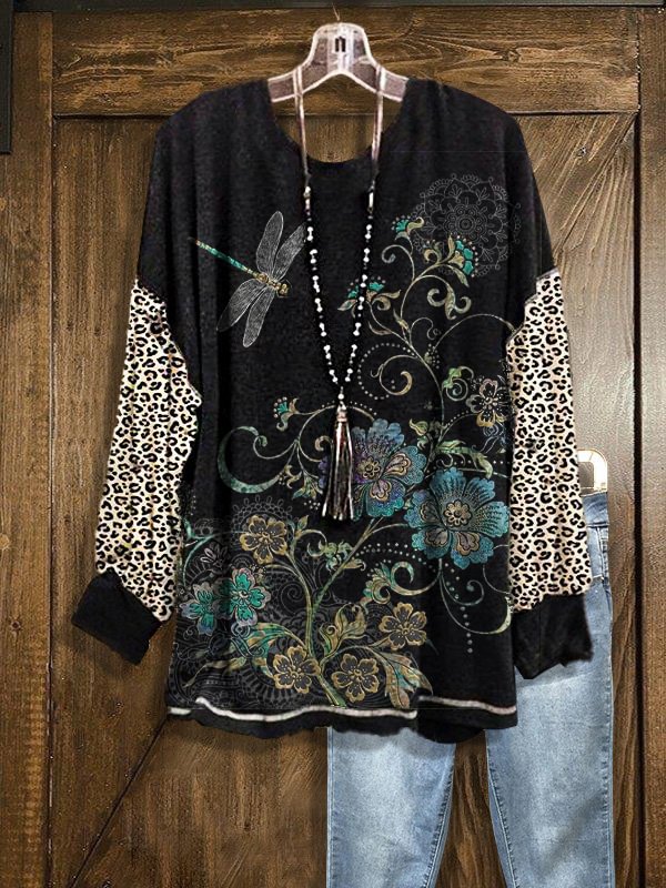 Vintage Dragonfly Print Sweatshirt Tops Pullover