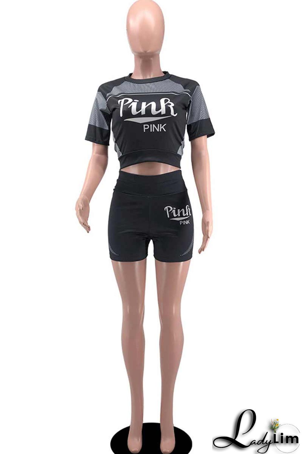 Black Casual Sportswear Print Patchwork O Neck Short Sleeve Two Pieces