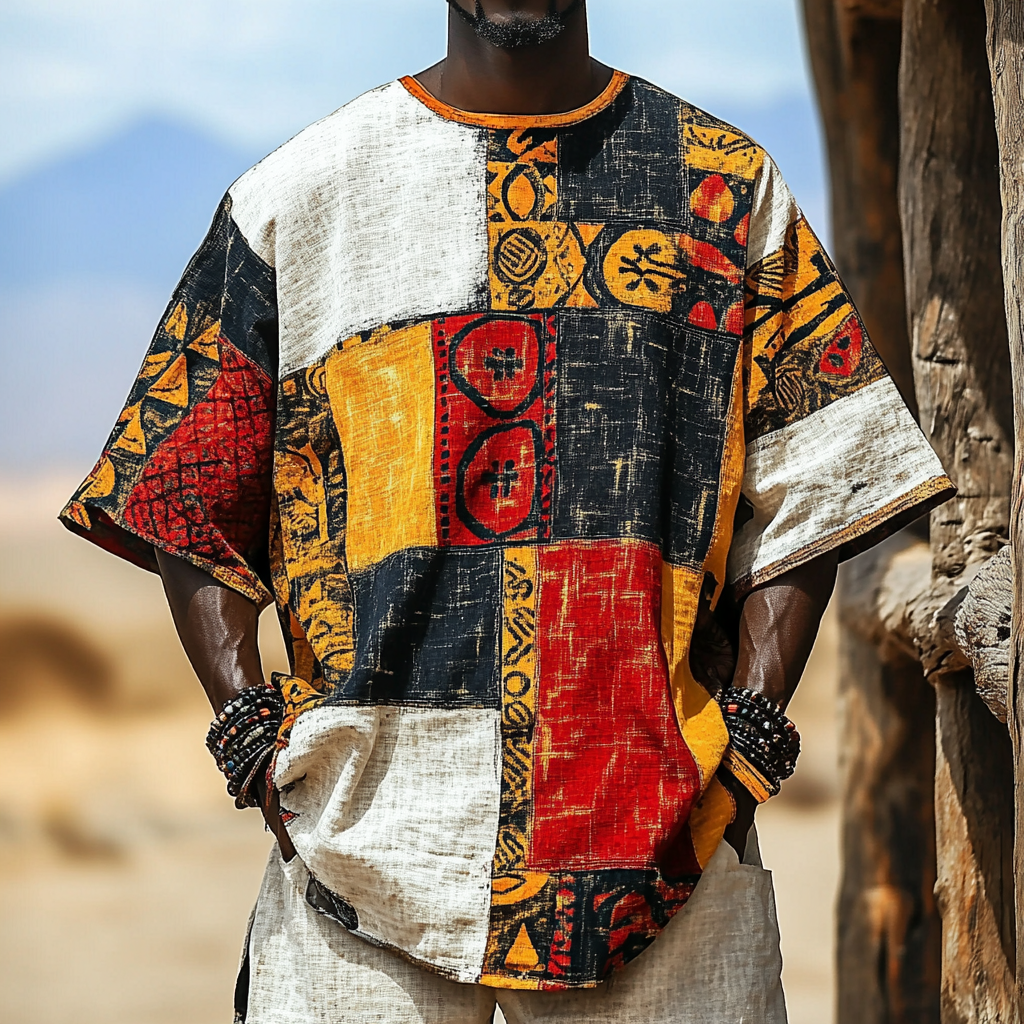 Men's African Ethnic Patchwork Pattern Linen Shirt