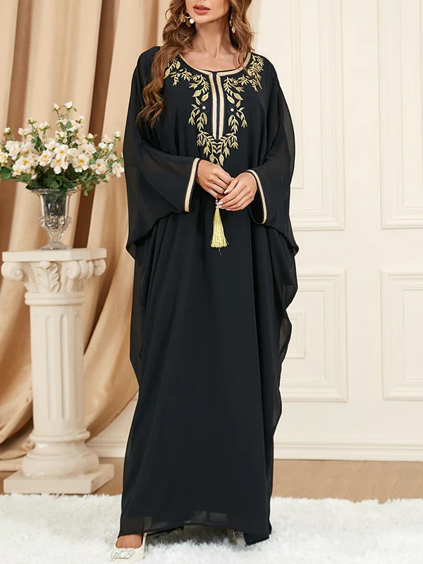 Batwing Sleeves Long Sleeves Embroidered Gauze Tasseled Round-Neck Maxi ...