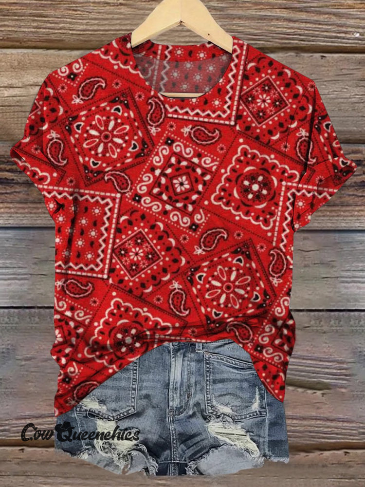 Vintage Paisley Print Casual Short Sleeve Top Multicolor / S