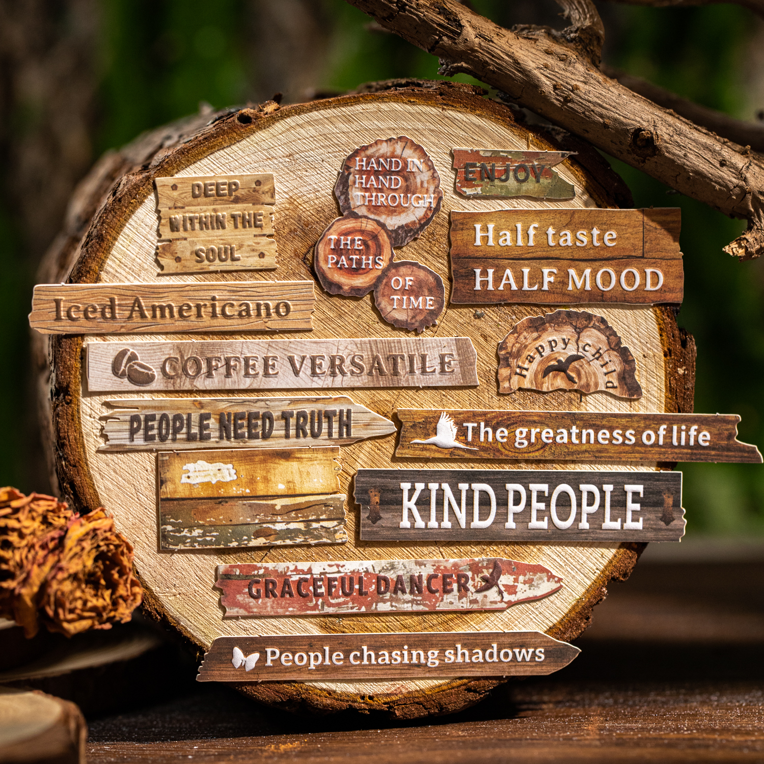 스티커 - 나무결 조각 시리즈 빈티지 영어 텍스트 양각