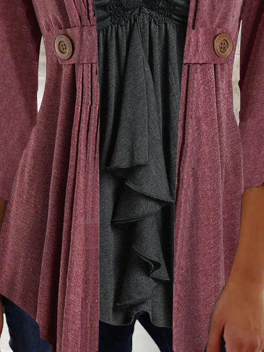 Women 3/4 Sleeve V-neck Lace Fake Two-Piece Top