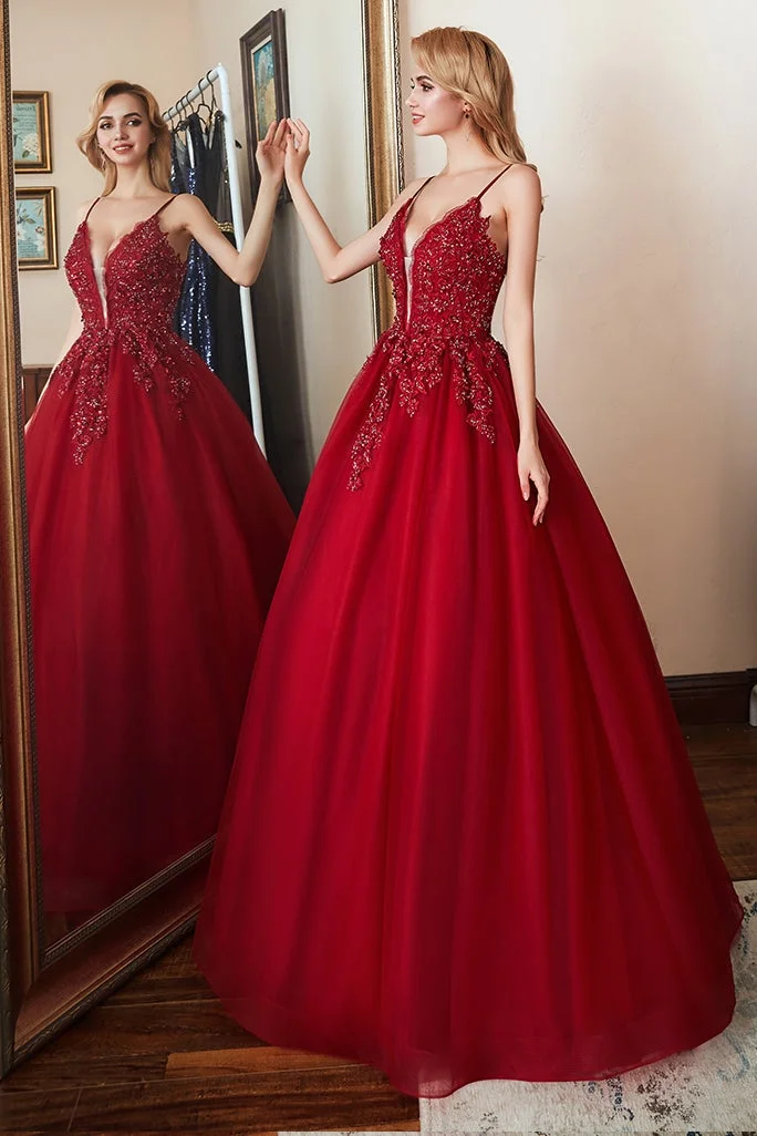 Miabel Spaghetti-Straps Red Prom Dress With Appliques