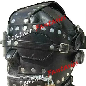 pornhint Pornhint Genuine Leather Bondage Hood Gimp Mask with Blindfold And Locking Mouth Zip/Real Leather Extreme Suffocated Heavy duty Slave Hood For Unisex