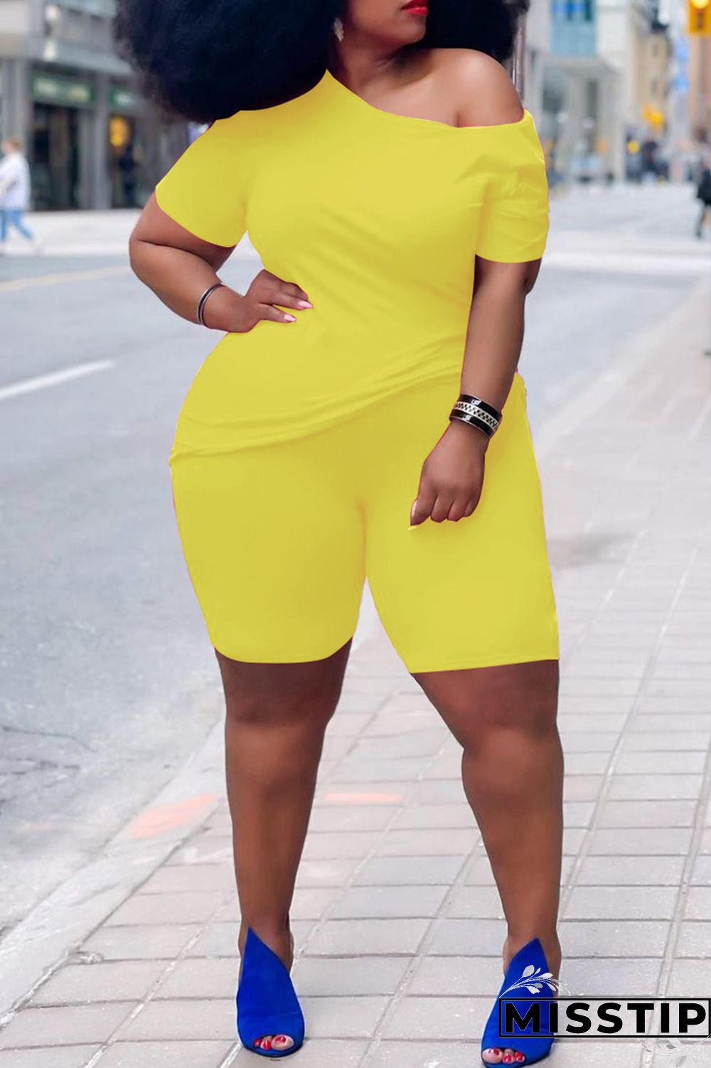 Yellow Fashion Casual Solid Basic Plus Size Two Pieces