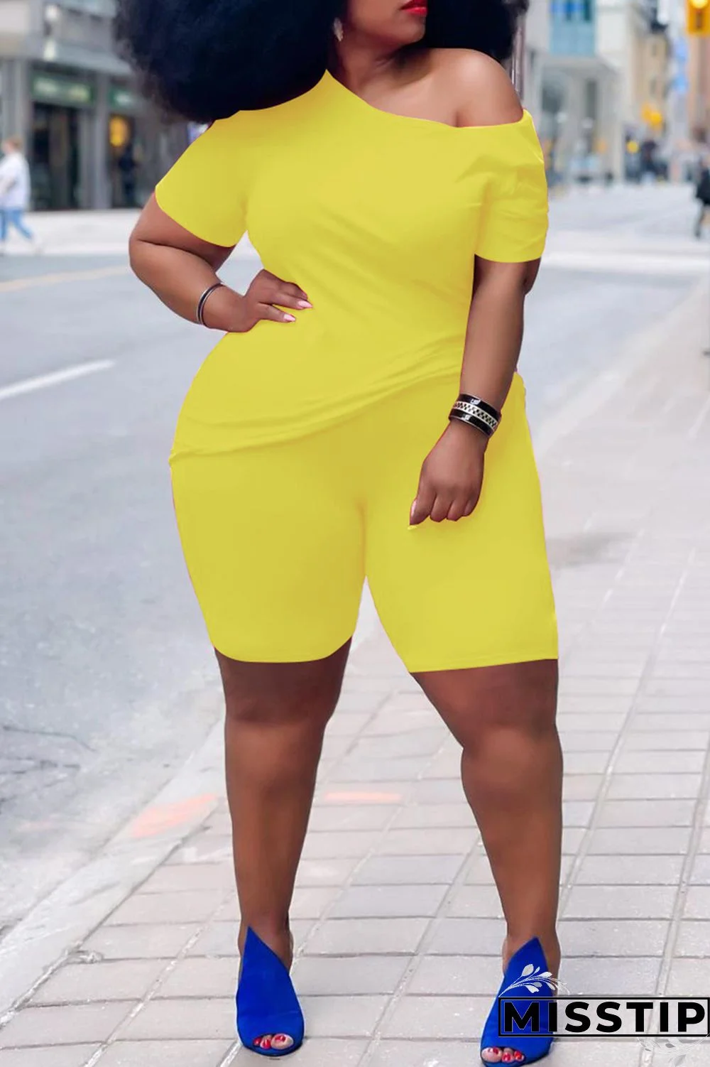 Yellow Fashion Casual Solid Basic Plus Size Two Pieces