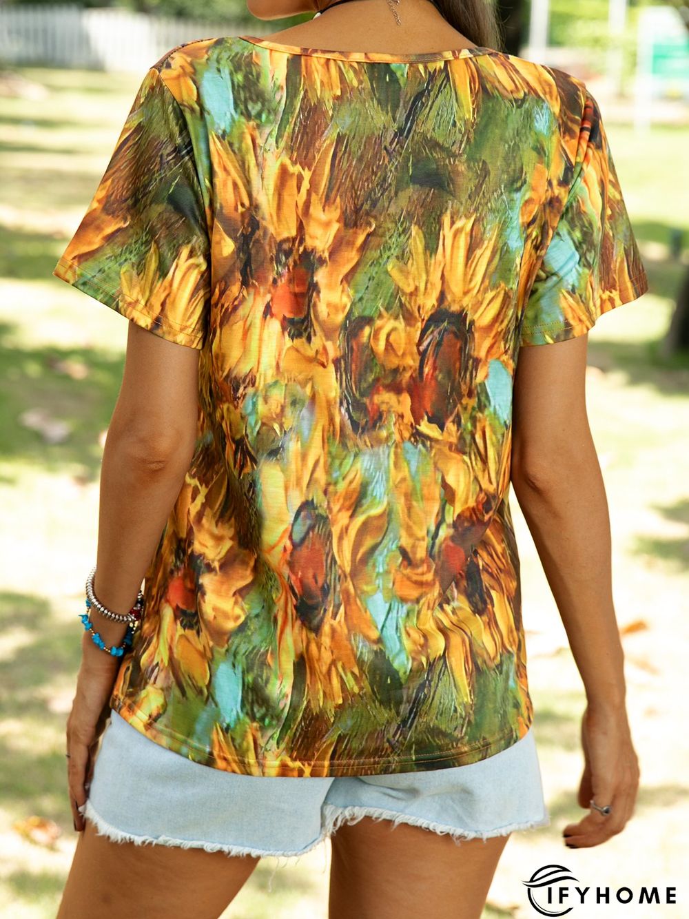 Crew Neck Shift Sunflower Short Sleeve T-shirt | IFYHOME