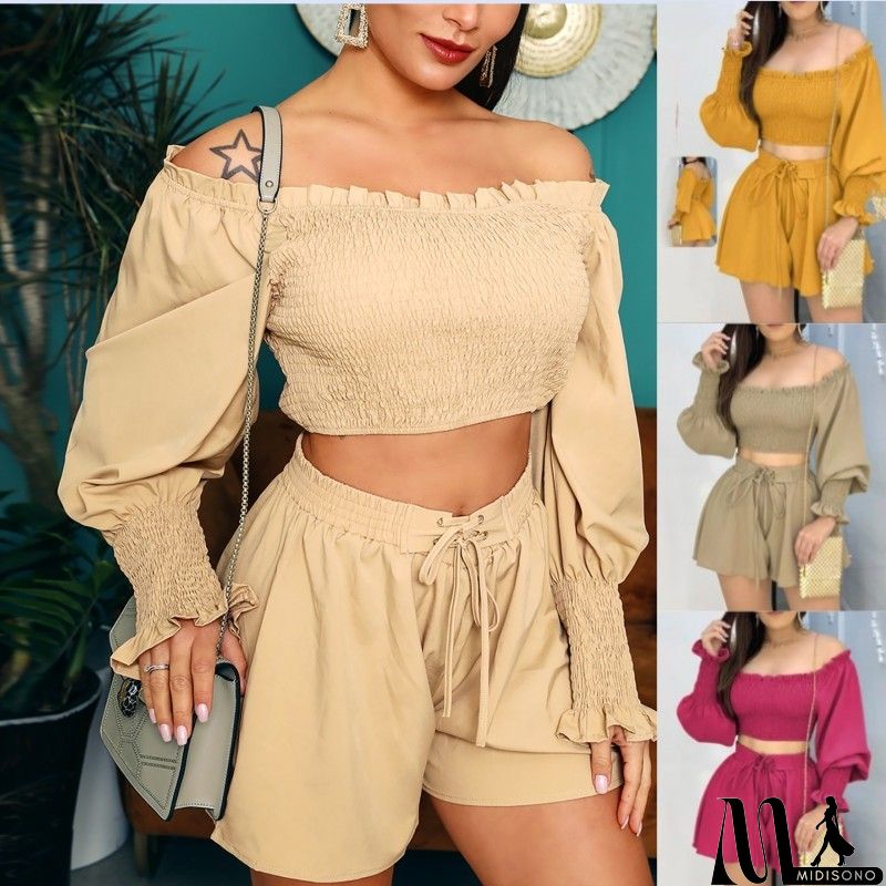 MidiSono - Women Fashion Sexy Off Shoulder Long Sleeve Top Shorts Two-Piece Set