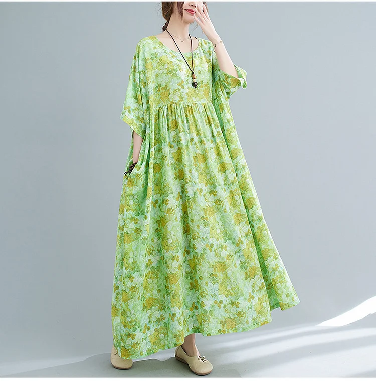 Literary Green Floral Short Sleeve Maxi Dress - yankia