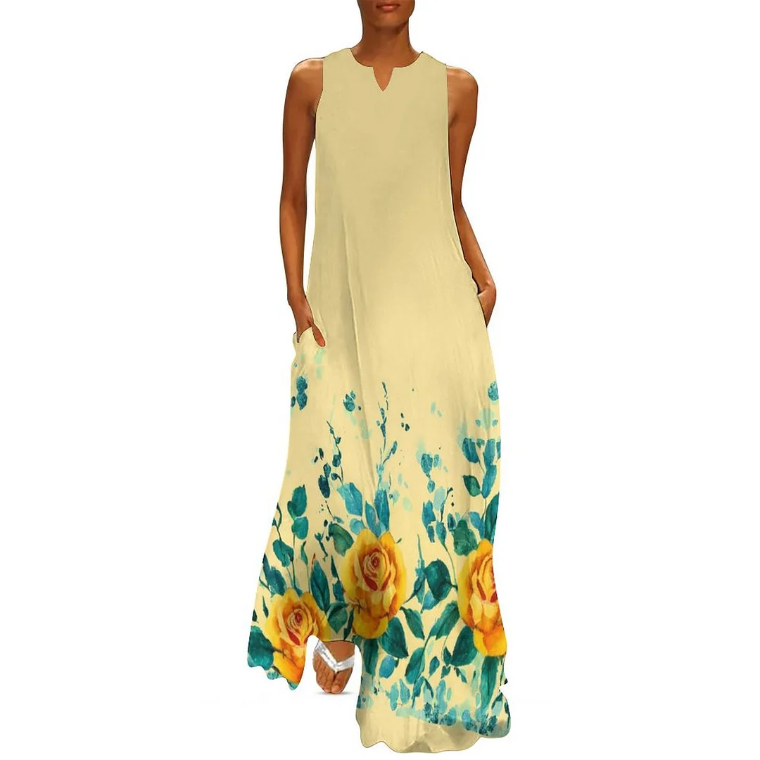 Style & Comfort for Mature Women Plus Size Printed Sleeveless Casual Women Maxi Dress with Pockets in Pattern Yellow, Floral
