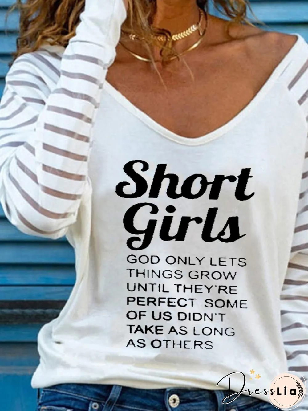 Short Girls V Neck Mesh Casual Long Sleeve T-shirt