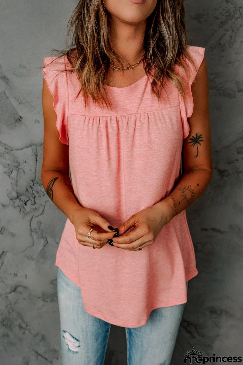 Keyhole Back Ruffled Sleeveless Top