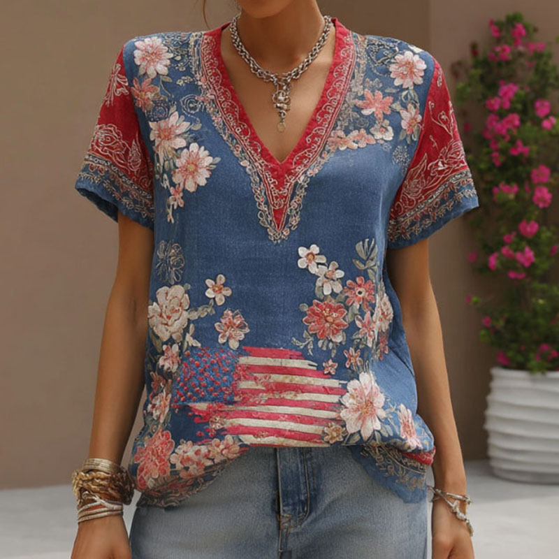  Women's Retro Independence Day Anniversary Flag Floral Cotton Linen V-neck T-shirt Westsshops