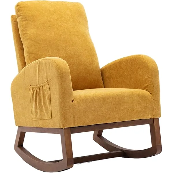 Rocking Chair, Glider Chair with Rubber Pad & Side Pocket, Armchair with Solid Wood Strusture for Living Room, Nursery, Bedroom, Breastfeeding