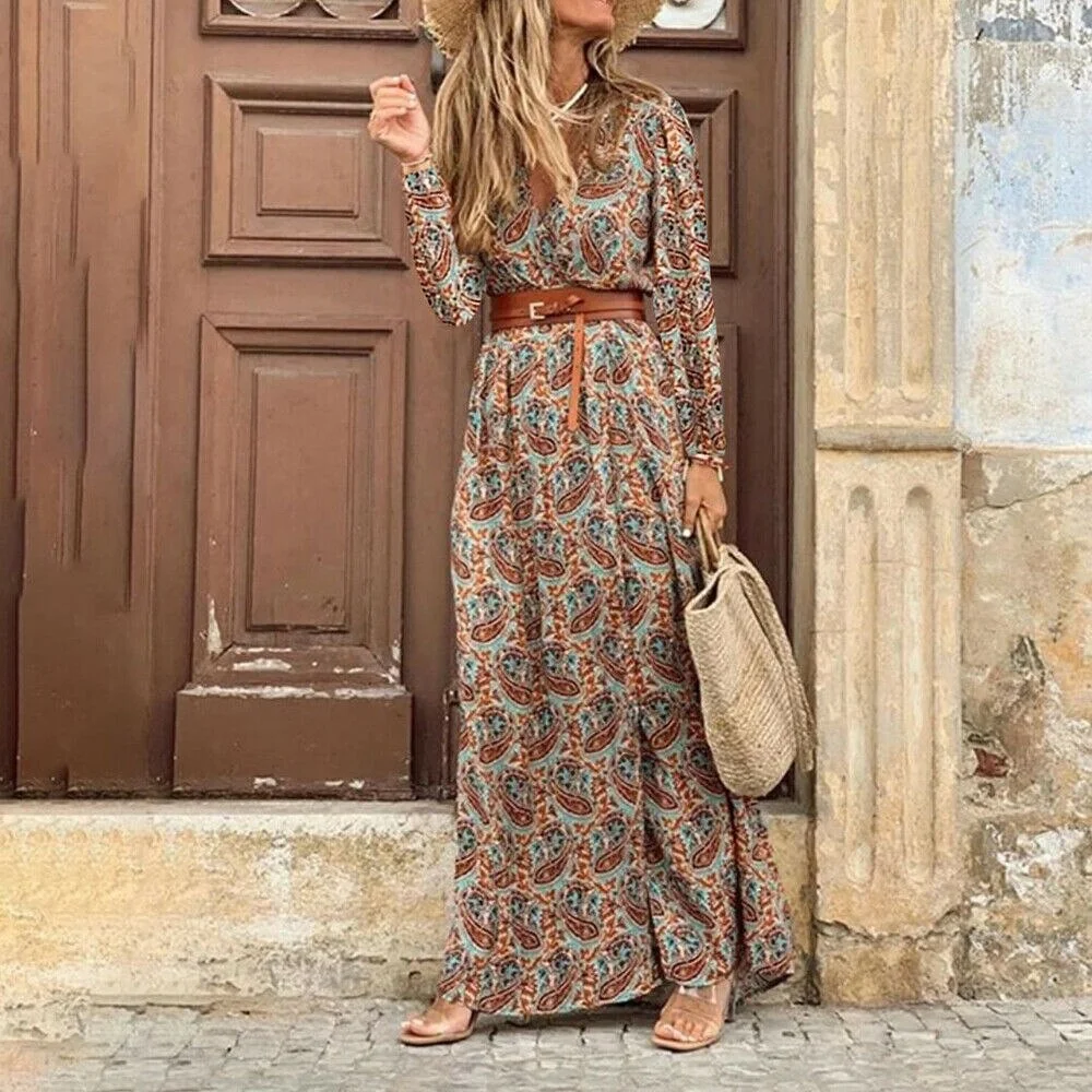 Women's Dress Summer Casual Boho Bohemian Long 2021 Chiffon Oversize Short Sleeve Maxi Beach Dress Casual Elegant Sundress