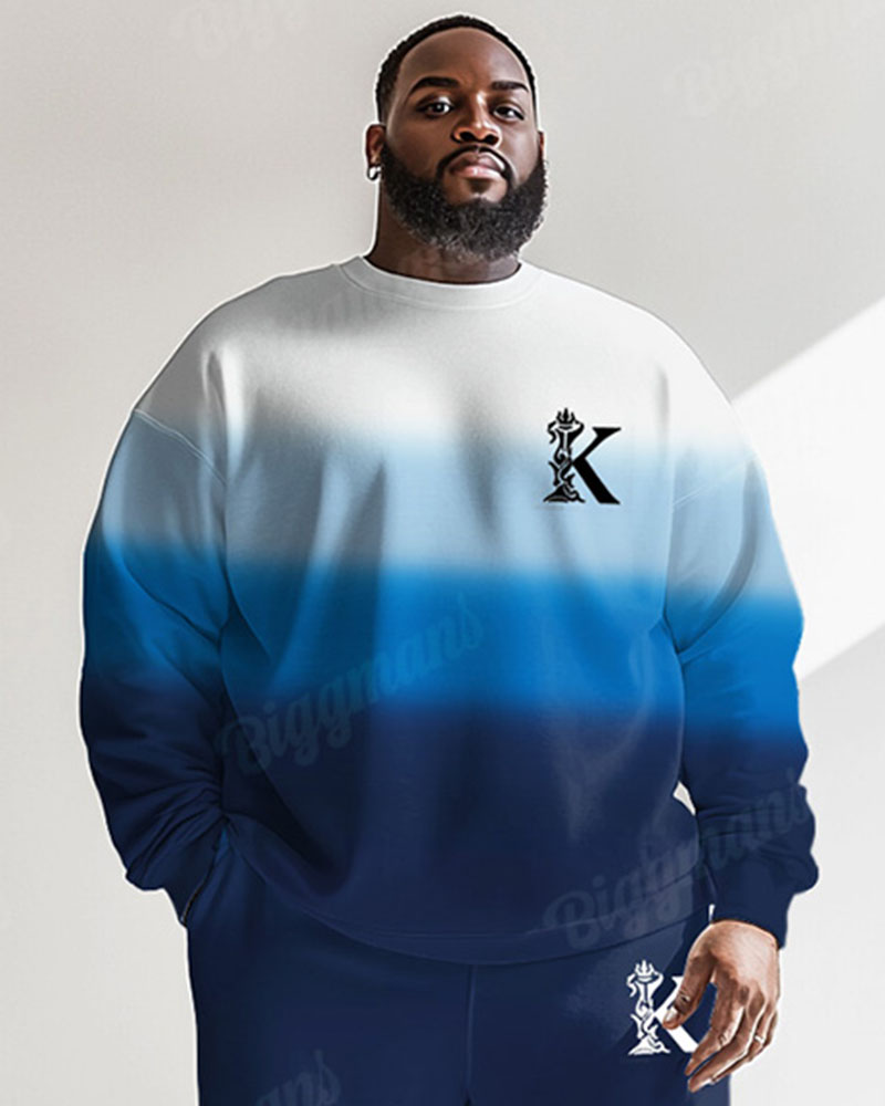 Men's Blue Gradient Colorblock K Letter Print Plus Size Round Neck Sweatshirt Suit