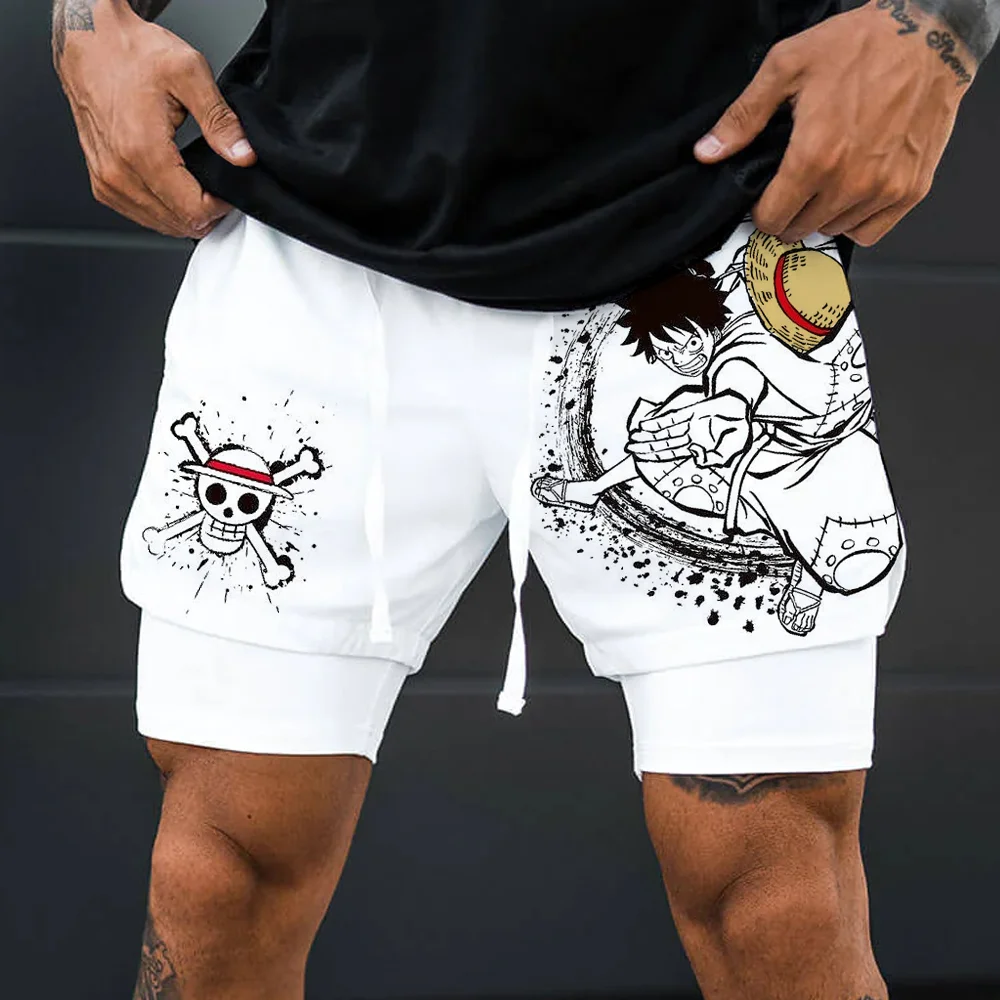 Men's Luffy Print Drawstring Double Layer Shorts、、URBENIE