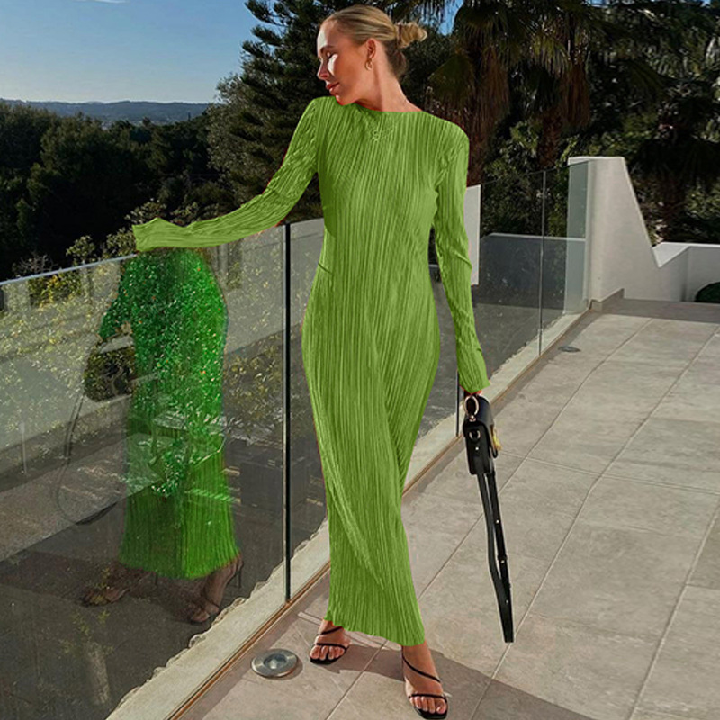Ootddress Fashion Long Sleeve Loose Dress For Women Ribbed Casual Elegant Slim High Waist Streetwear Solid Ruffled Ladies Dress 2025