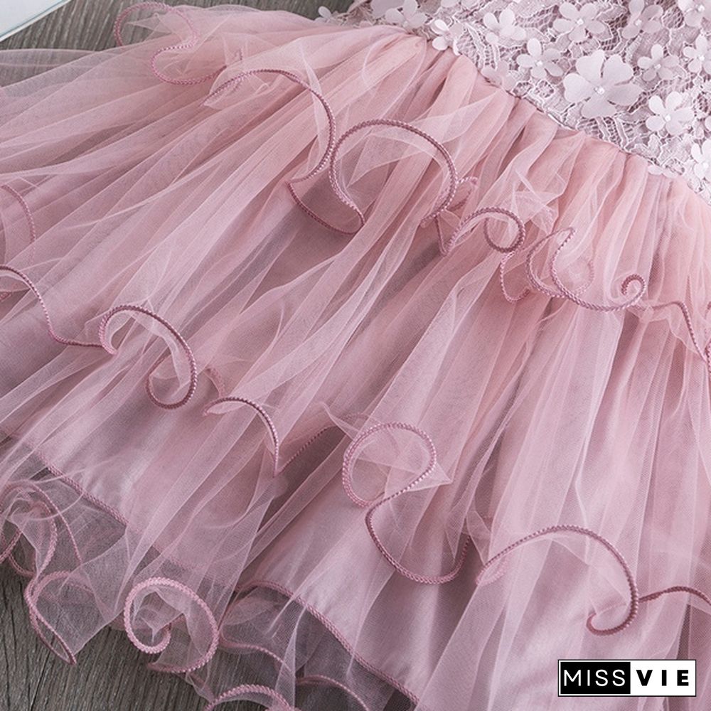 Girl's Fashion Backless Dress Appliques Flower Clothes Layered Mesh Princess Dress for Summer Beach Casual Wear 2 Styles