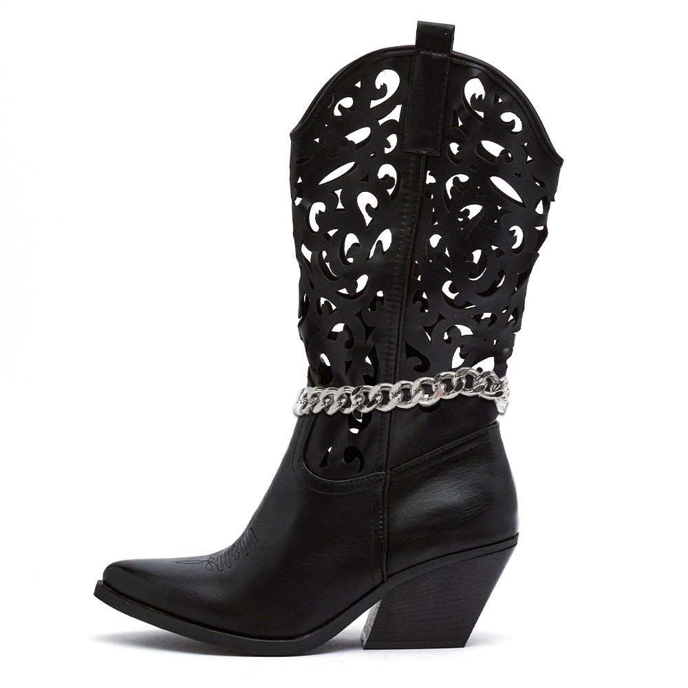Stylish Black Pointed Toe Laser-Cut Mid-Calf Western Boots for Women Nicepairs