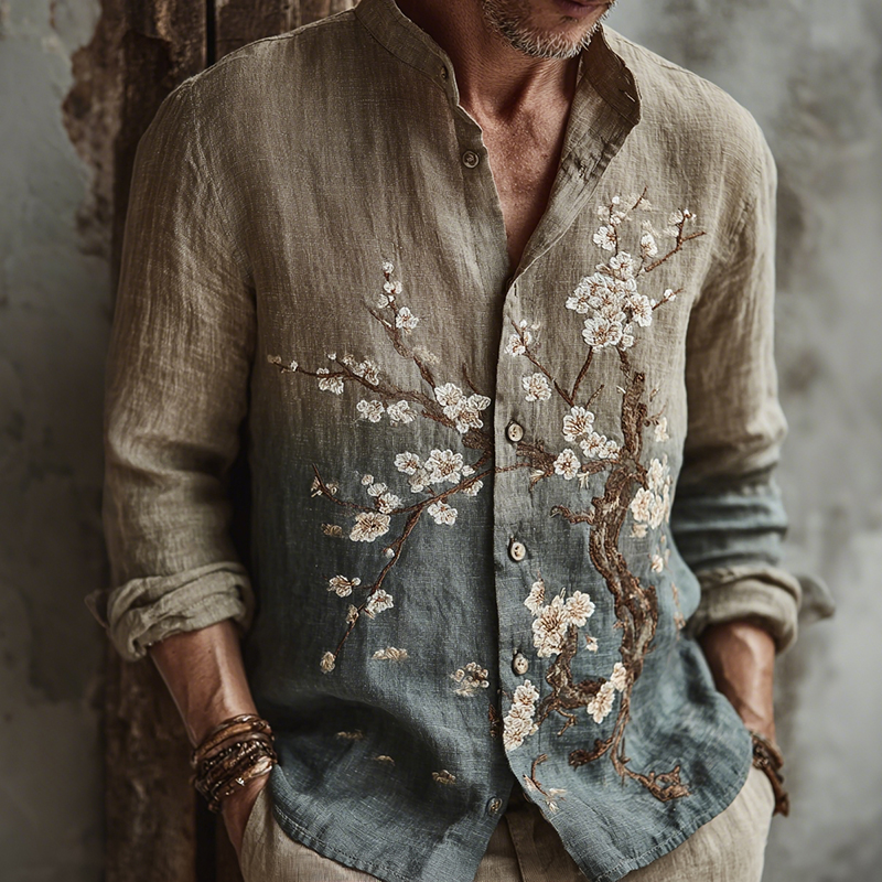 Men's Japanese-style Cherry Blossom Gradient Art Casual Shirt  artssus
