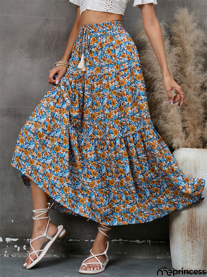 Bohemian Style Lady Spring Summer Flowers Print Beach Holiday Skirt