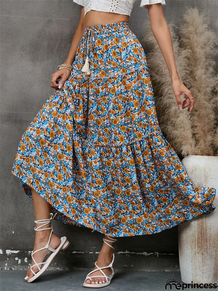Bohemian Style Lady Spring Summer Flowers Print Beach Holiday Skirt