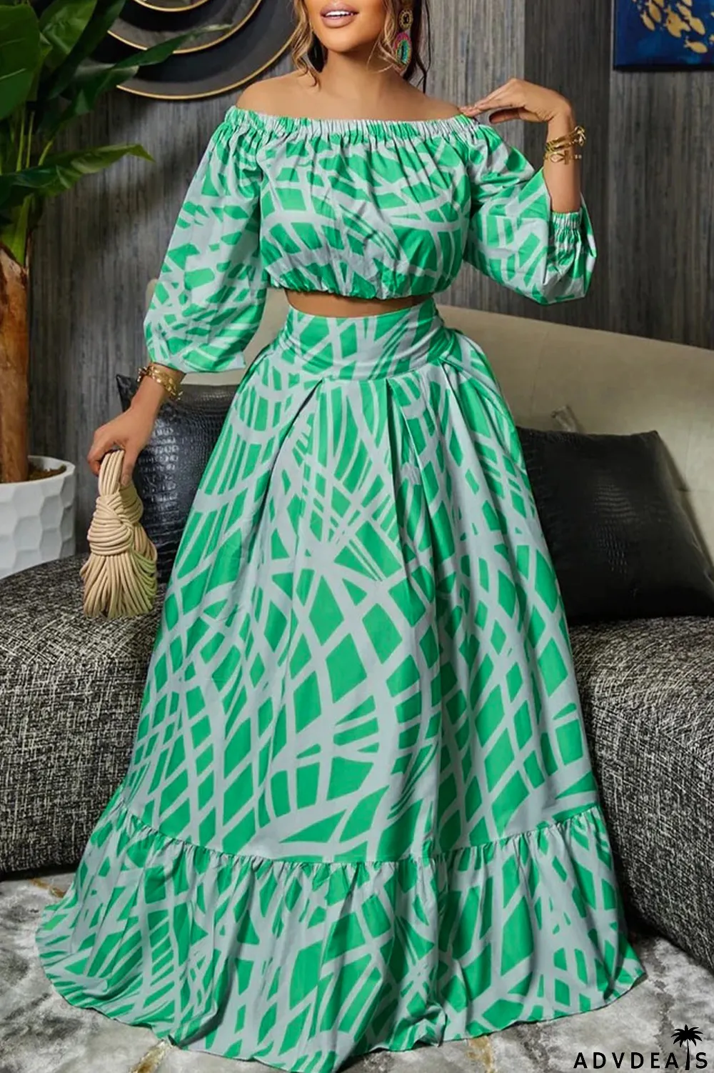 Tangerine Casual Print Patchwork Off the Shoulder Half Sleeve Two Pieces