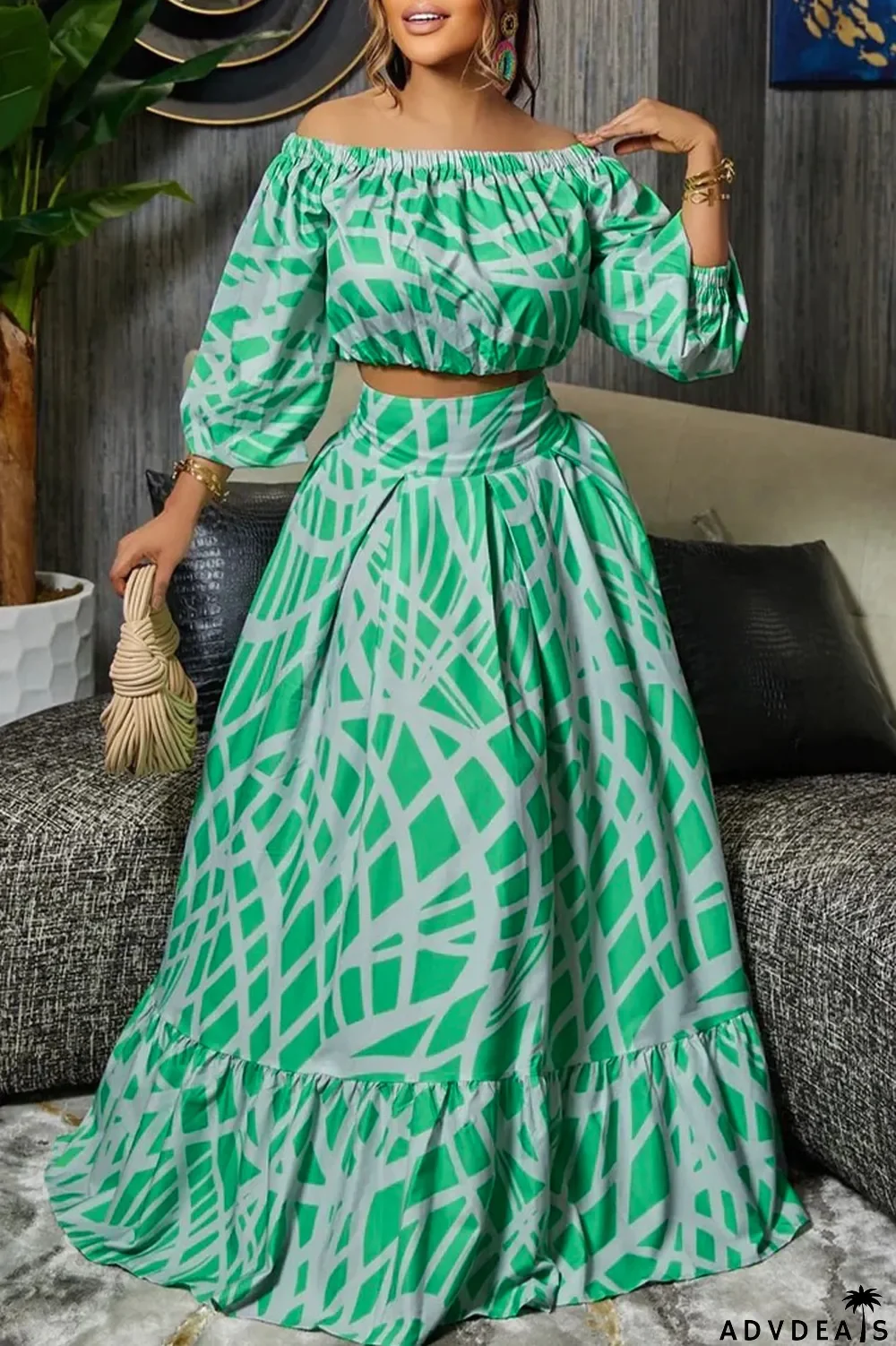 Tangerine Casual Print Patchwork Off the Shoulder Half Sleeve Two Pieces