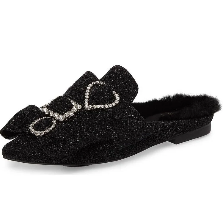 Black Fur Bow Rhinestone Loafer Mules |FSJ Shoes