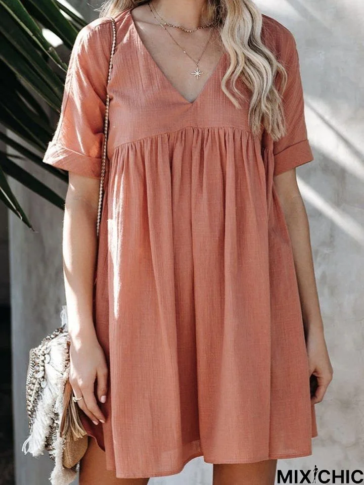 Loose V Neck Casual Cotton and Linen Dress