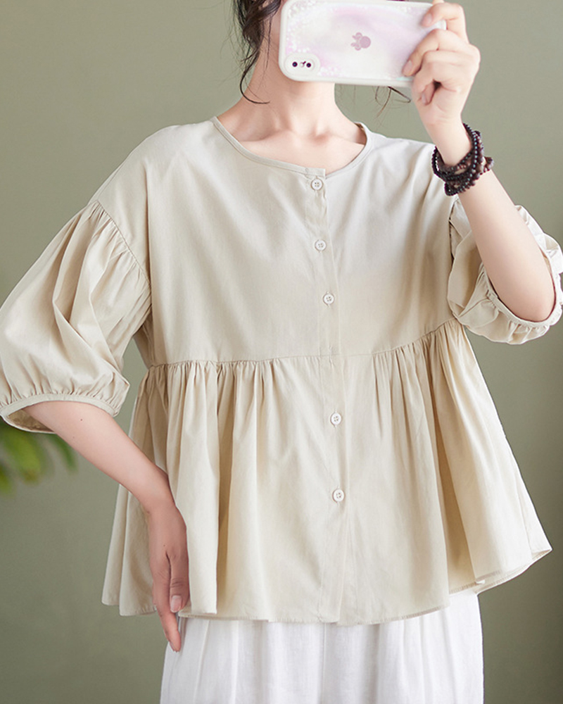 Puffed Half Sleeve Button Down Front Round Neck Top