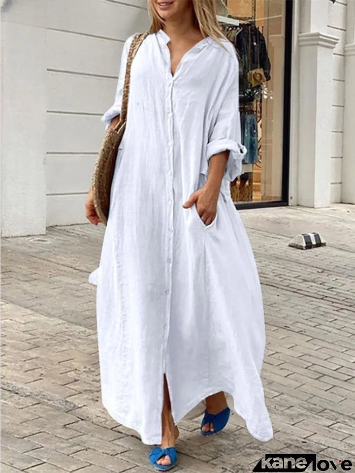 Women Fashion Casual Solid Color Cotton Linen Pocket Shirt Maxi Dress