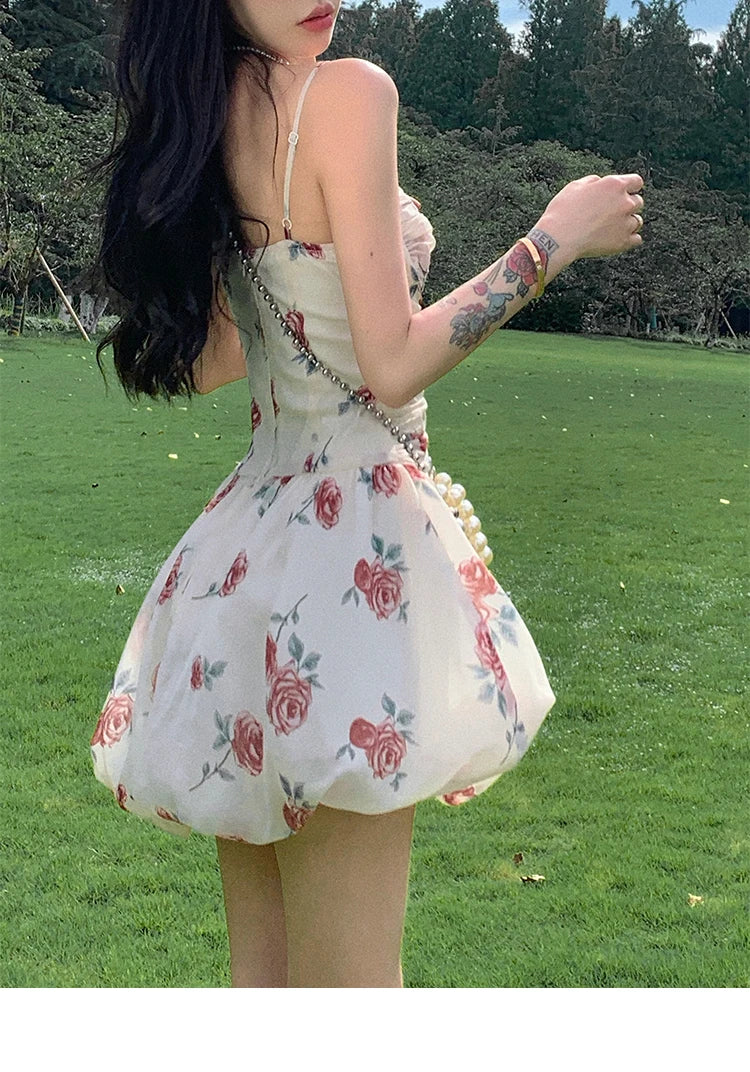 Aiertu Sweet Floral Sexy Strap Dress Women Folds Designer Casual  Mini Fairy Dress Female 2024 Summer Puff Sleeve Korean Princess Dress Aiertu