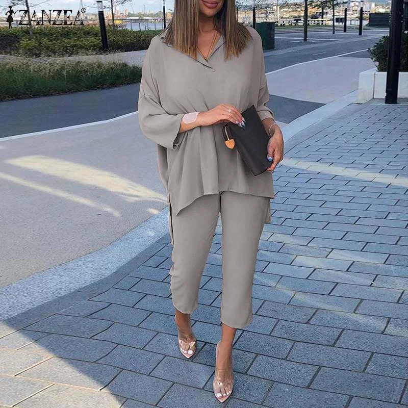 2PCS Pant Sets Spring Lapel Neck Long Sleeve Blouse Suits Urban Tracksuit ZANZEA Women OL Matching Sets Casual Solid Work Sets