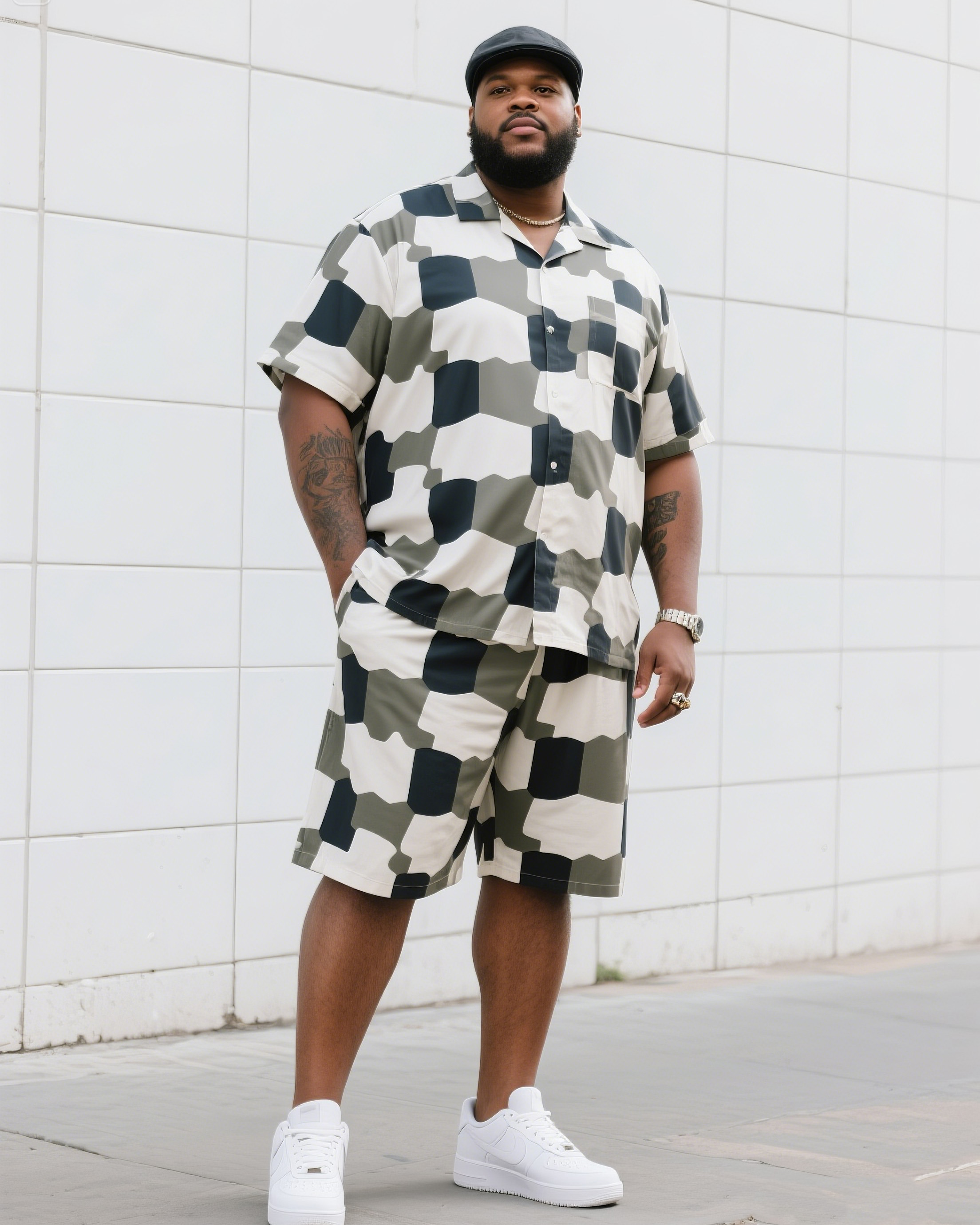 Big Man's Daily Casual Board Square Puzzle Short Sleeve Shirt Shorts Suit