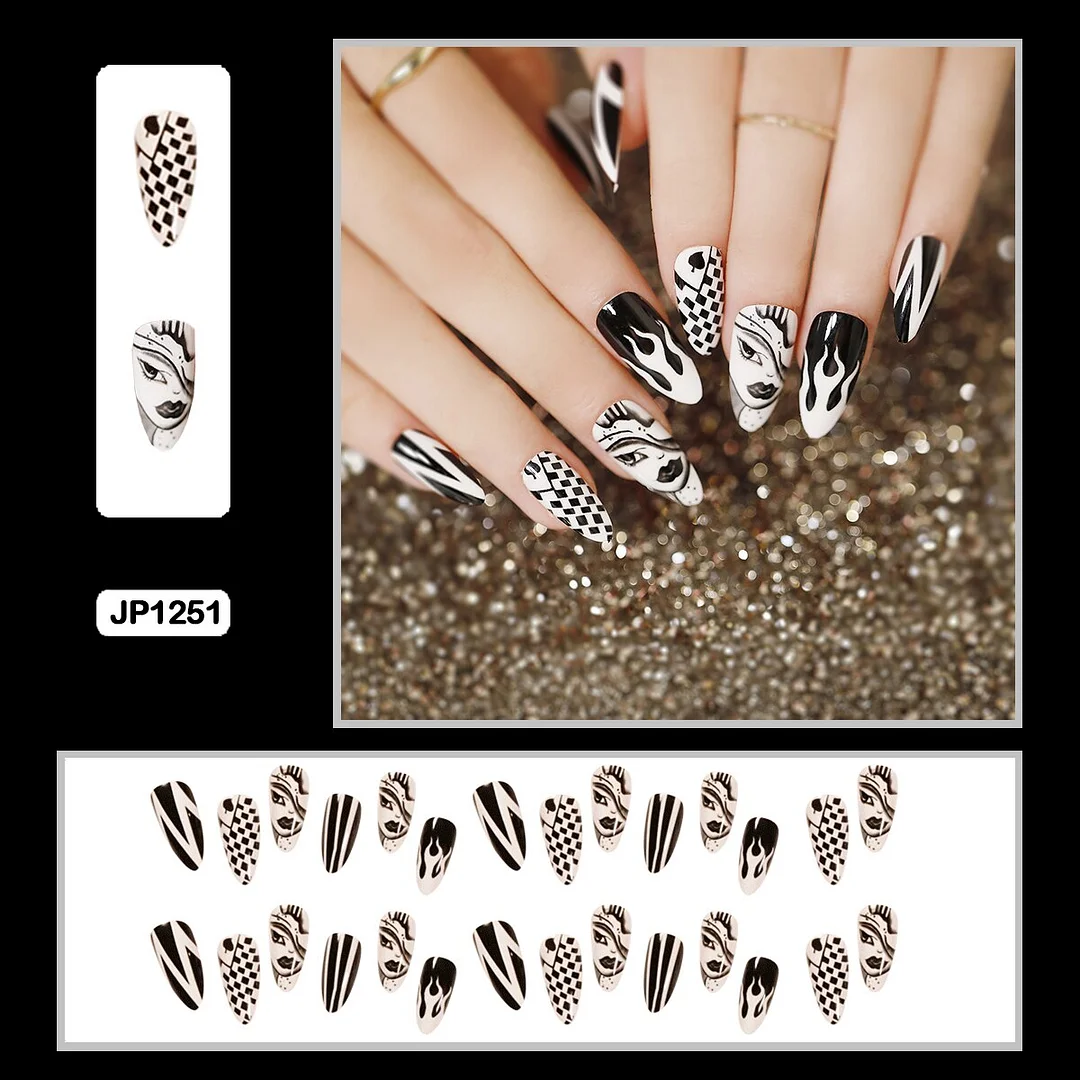 24PCS False Nails with Glue Rhinestones Long Detachable Fire Stick on Nails Coffin Flame Press on Nails Art DIY Manicure Tool-Nail Inspo