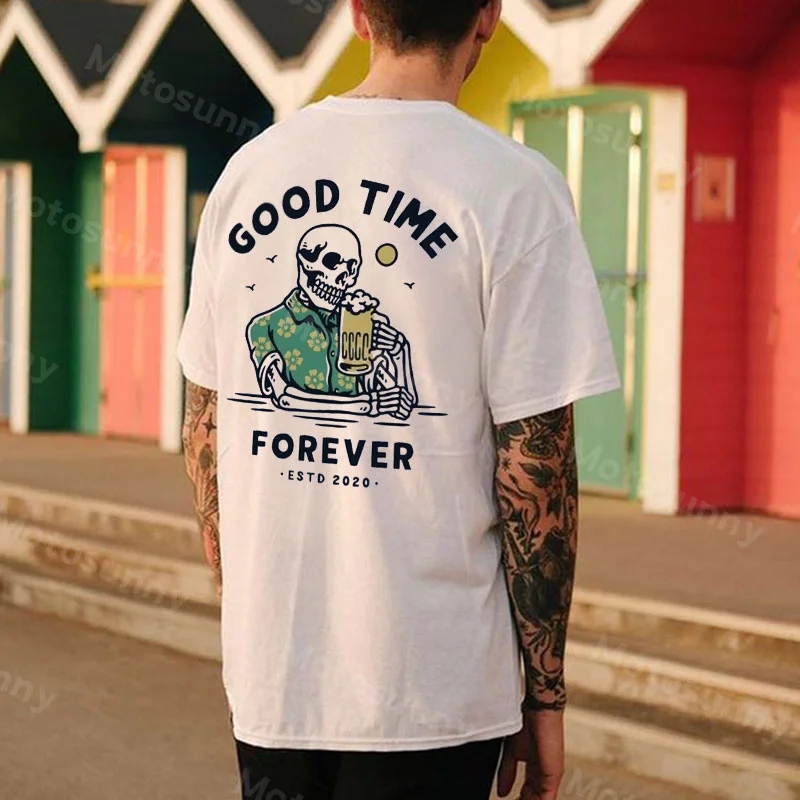 GOOD TIME FOREVER Skull Casual White Print T-shirt