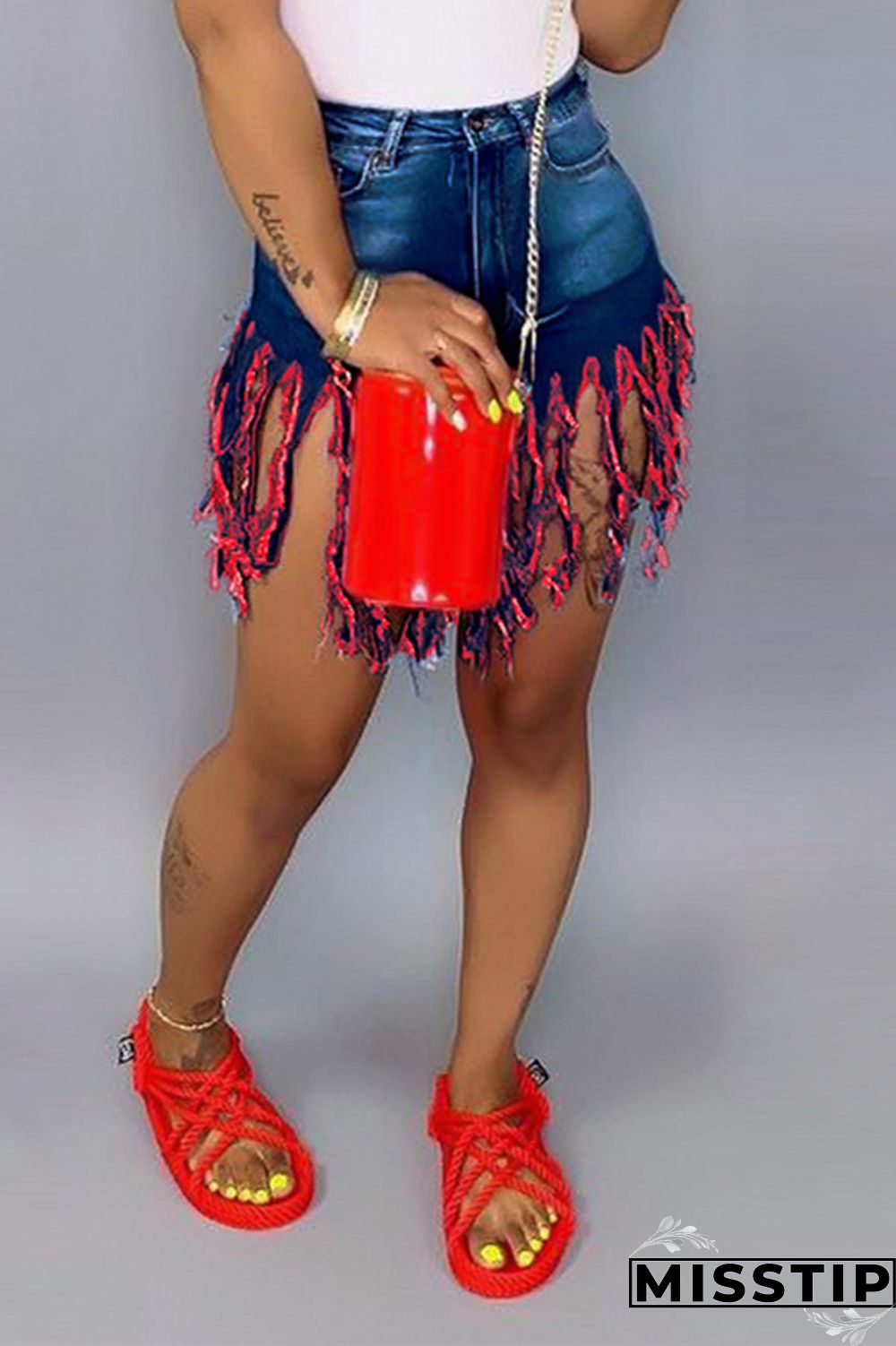 Green Red Green Yellow Royal blue Tassel Design Denim