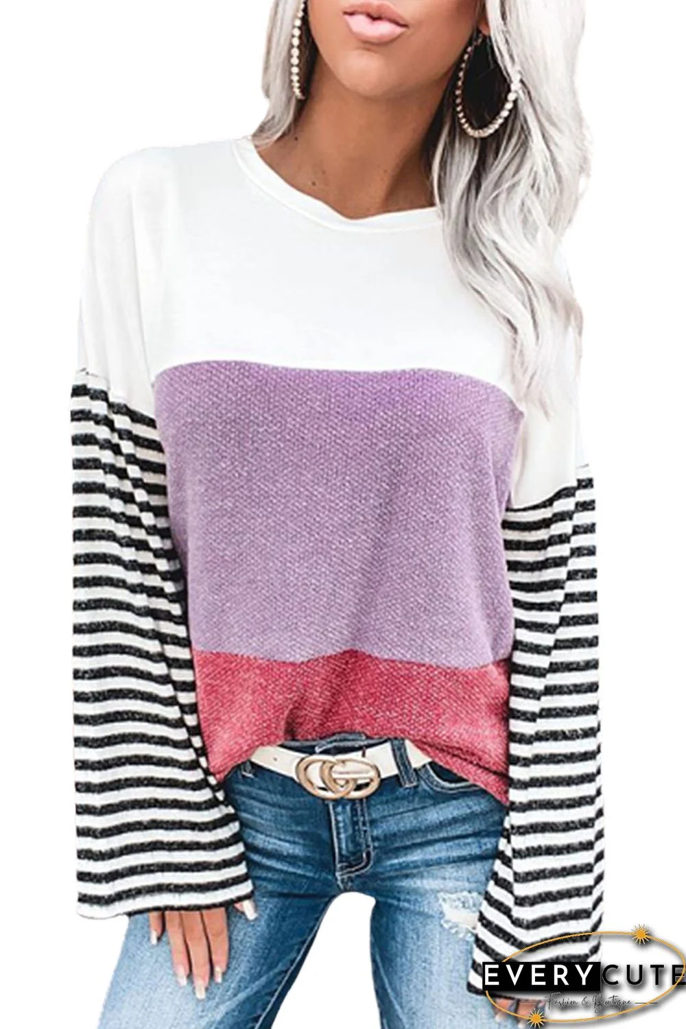 Relaxed Fit Colorblock Bell Sleeve Top